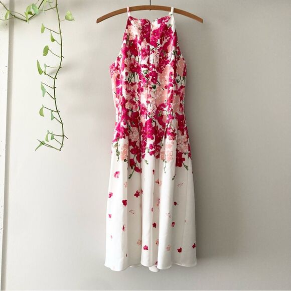 Adrianna Papell White Pink Floral A Line Stretch Dress 4 Small - Picture 3 of 4